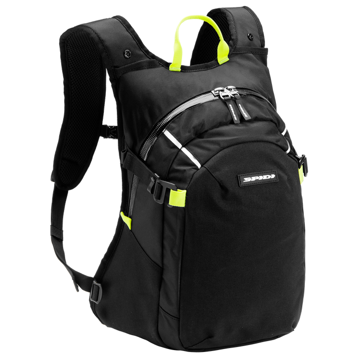 Spidi Ryggsäck Tour Pack Flu med svart design, reflexdetaljer och neonfärgade accenter. Perfekt för motorcykelförare.