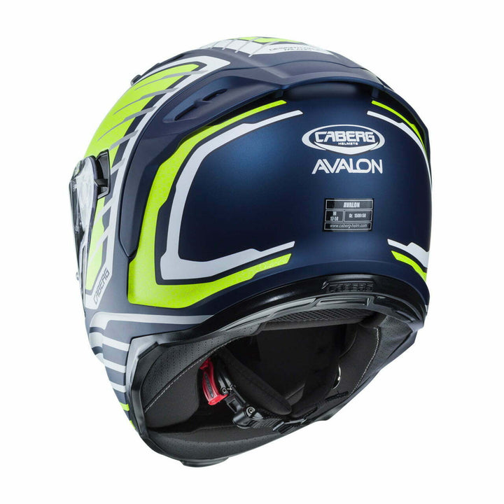 Baksida av Caberg Integral Mc-Hjälm Avalon Forge Blå/Flu med sportig grafik, justerbart spänne och hög komfort för motorcyklister.