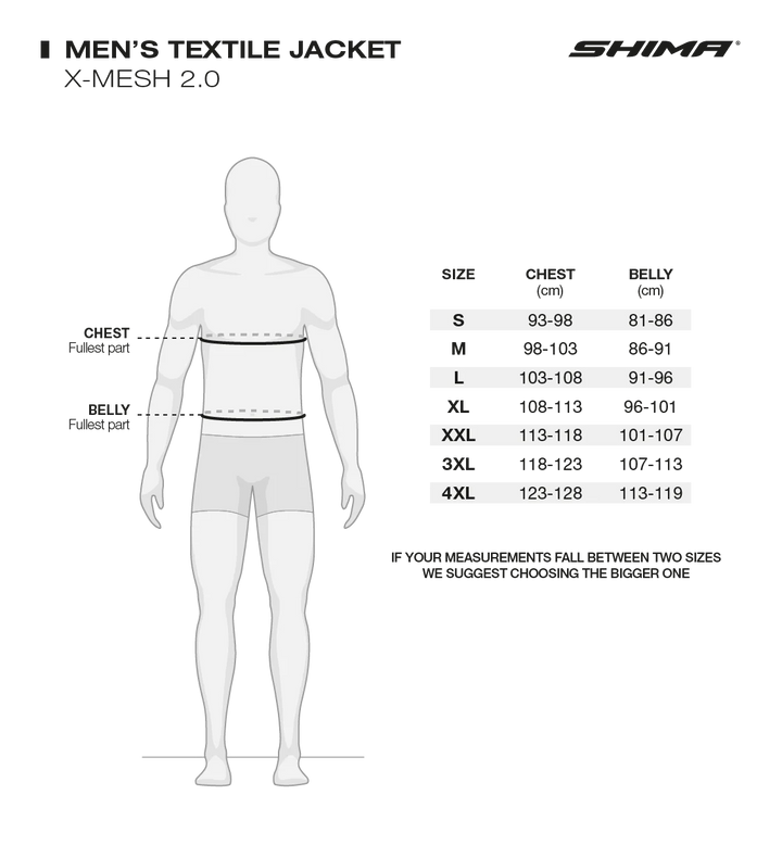 Storleksguide för Shima Textil Mc-Jacka X-Mesh 2.0 Svart/Röd med mått för bröst, midja och höfter. Tillgänglig i storlekar S-4XL.