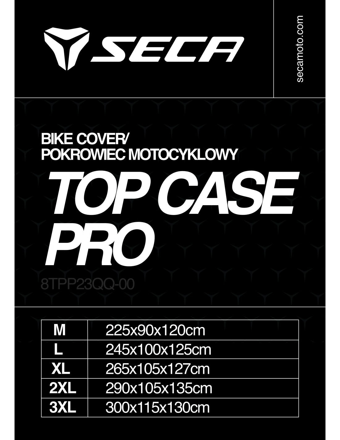 Storleksguide för Seca Outdoor Cover Top Case Pro med mått för M, L, XL, XXL och 3XL. Perfekt för motorcyklar med topplåda.