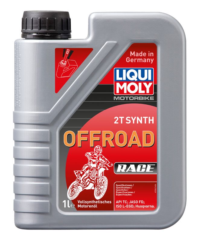 Liqui Moly Motorolja 4T 10W60 RACE 1L med röd etikett och svart lock, idealisk för motorcyklar och offroad-användning.