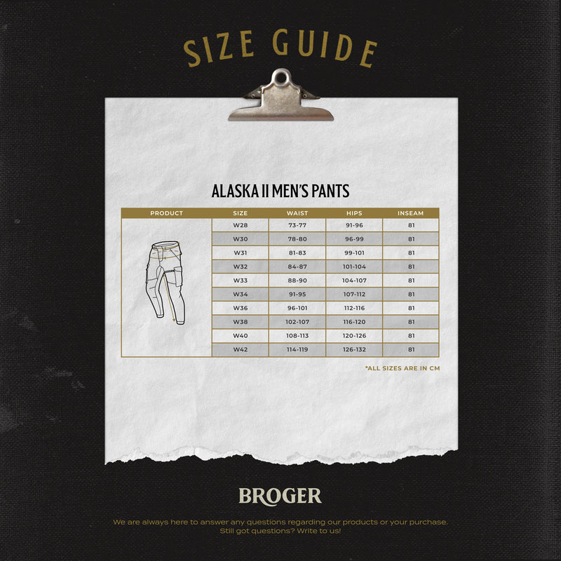 Storleksguide för Broger Kevlar Mc-Jeans Alaska Olive med mått för midja, höft och innerbenslängd i centimeter.