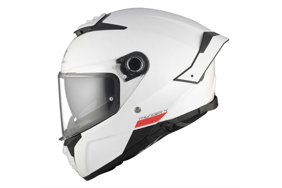 Sidovy av MT Helmets Integral Mc-Hjälm Thunder 4 SV Vit med röd detalj och justerbart visir för komfort och säkerhet.