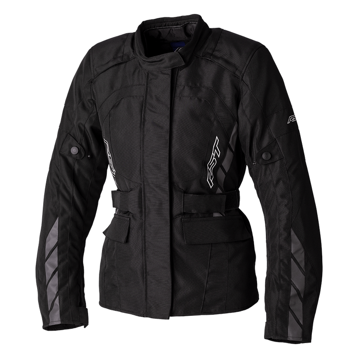RST Dam Textil Mc-Jacka Alpha 5 Svart med justerbara remmar och reflexdetaljer. Slitstark motorcykeljacka för kvinnor med hög komfort och skydd.