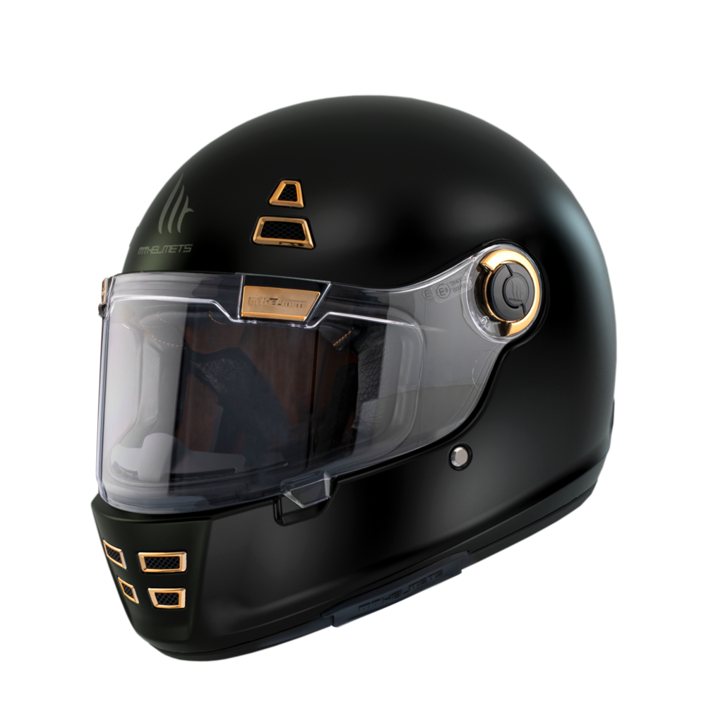 MT Helmets Integral Mc-Hjälm Jarama A1 Matt Svart med elegant matt svart finish och gulddetaljer, storlekar från XS till XXL.