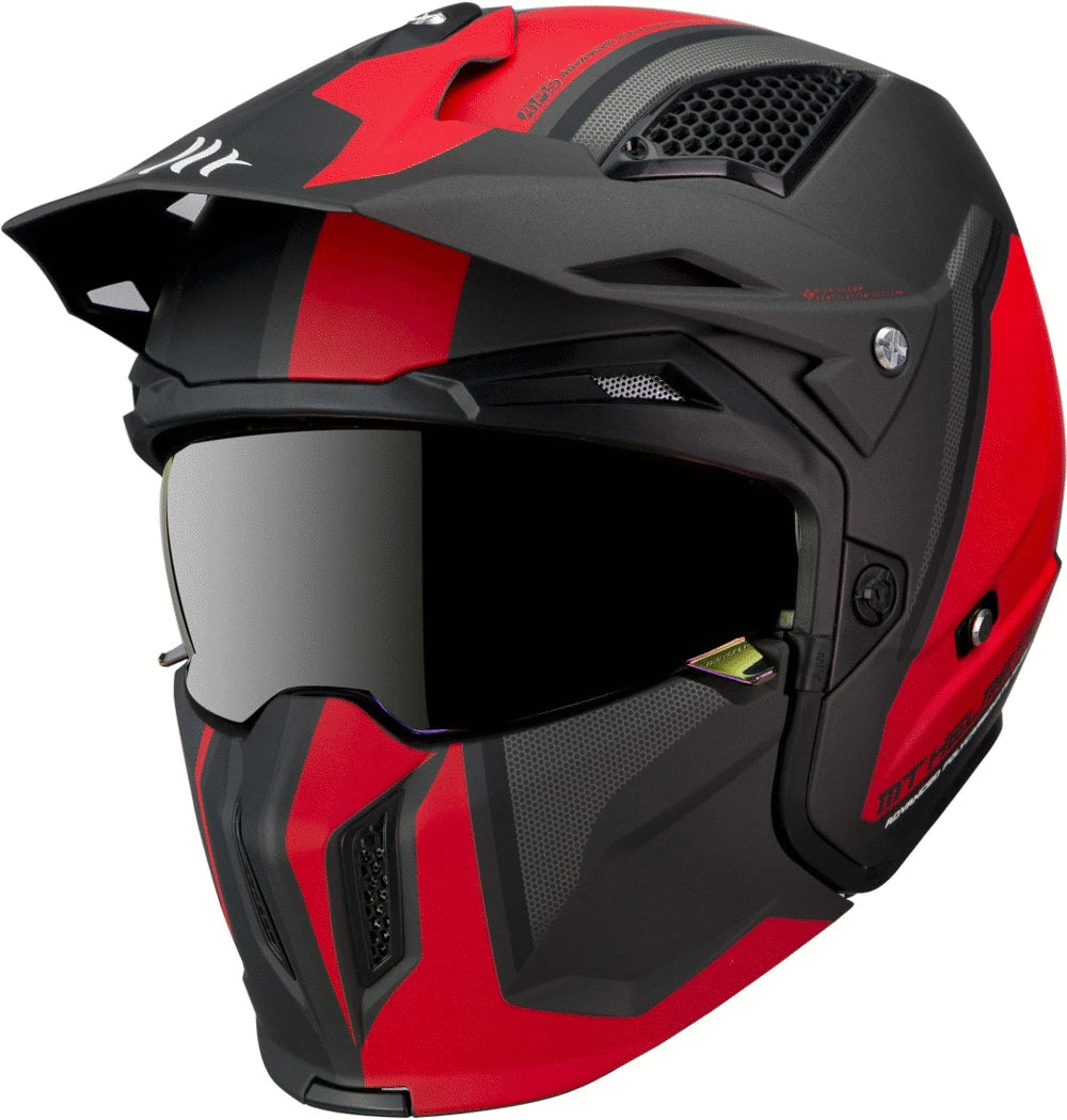 MT Helmets öppen MC-hjälm Streetfighter C5 i matt röd färg med modern design, integrerat visir och ventilationssystem.