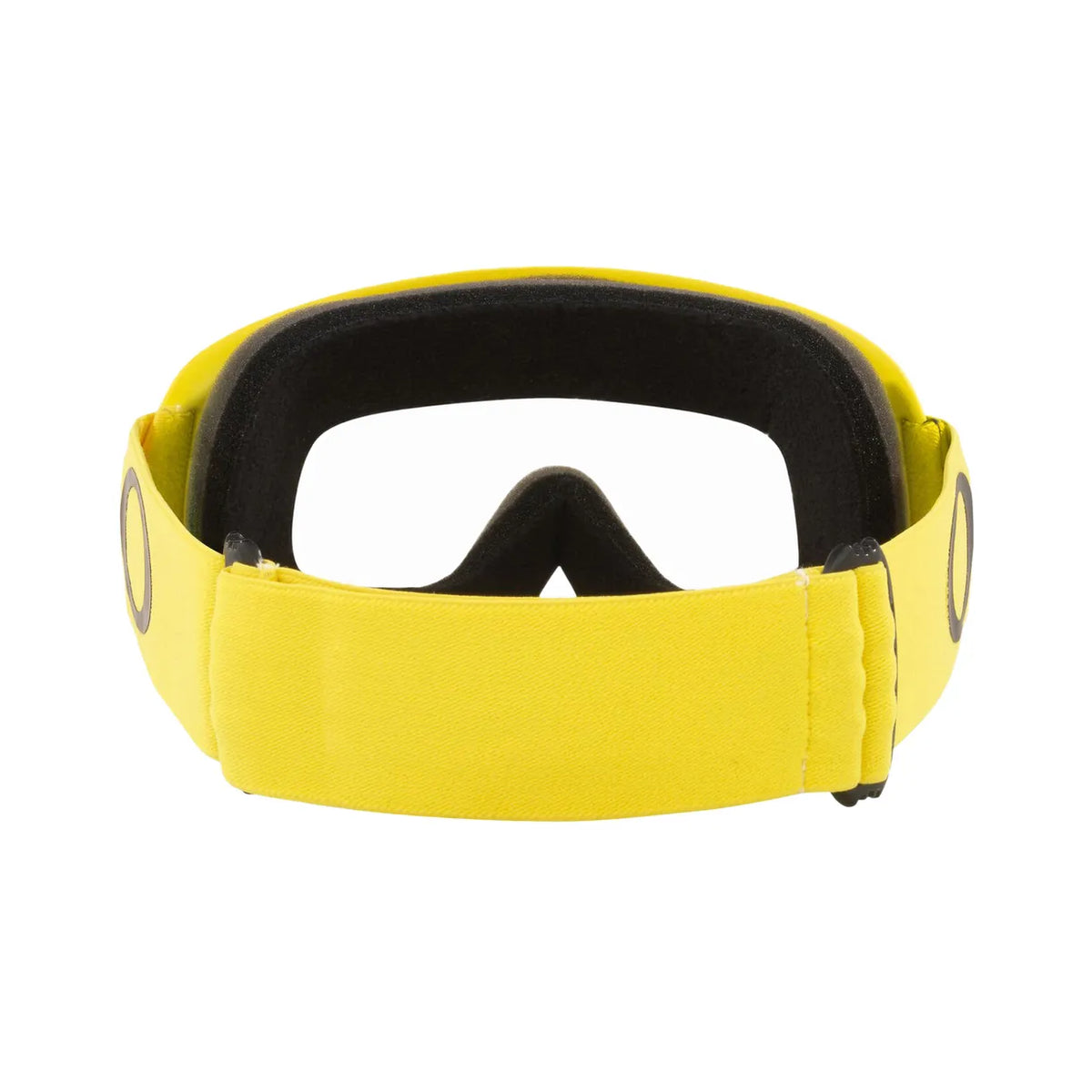 Baksida av Oakley O Frame MX Moto Yellow med klar lins, vadderad ram och justerbart gult band.