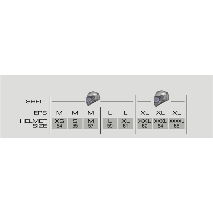 Storlekstabell för SMK Helmets Integral Mc-Hjälm Stellar Matt Svart, visar hjälmskal och EPS-storlekar från XS till XXXL för optimal passform.
