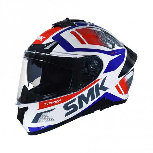 SMK Integral Mc-Hjälm Typhoon Thorn Vit med aerodynamisk design, röd, blå och vit grafik, klart visir och ventilation för optimal komfort.