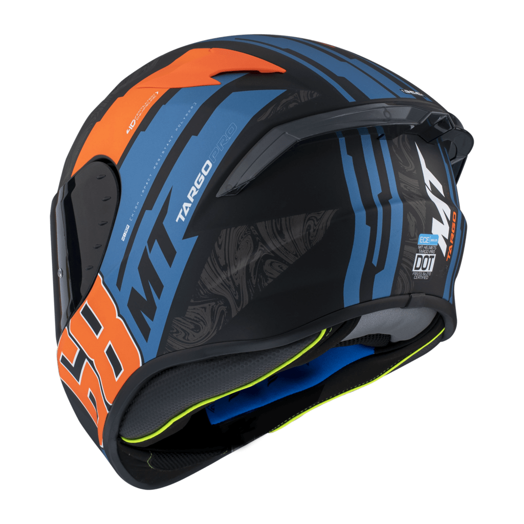 Baksidan av MT Helmets Integral Mc-Hjälm Targo Pro Welcome Orange med detaljerad grafik och DOT-certifiering.