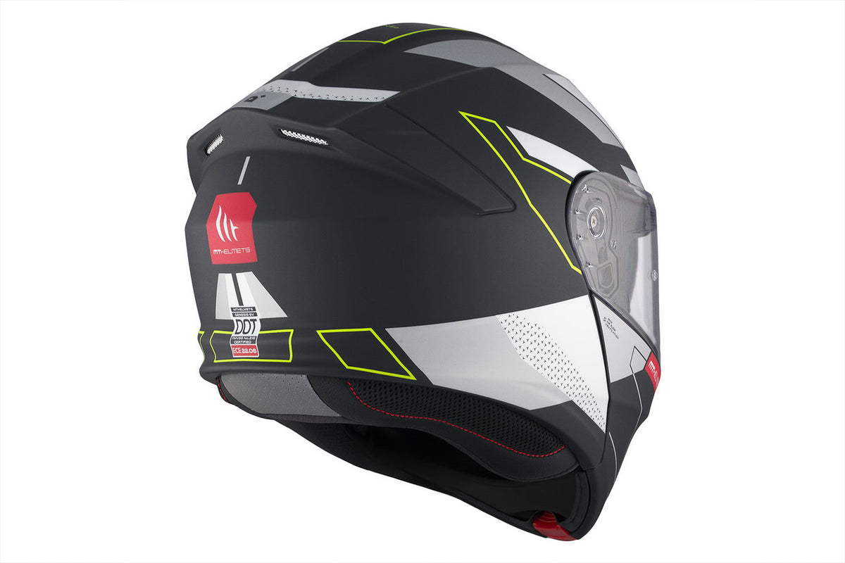 MT Helmets Genesis SV Talo B2 mc-hjälm med sportig design och detaljer i svart, grått och gult för optimal synlighet.