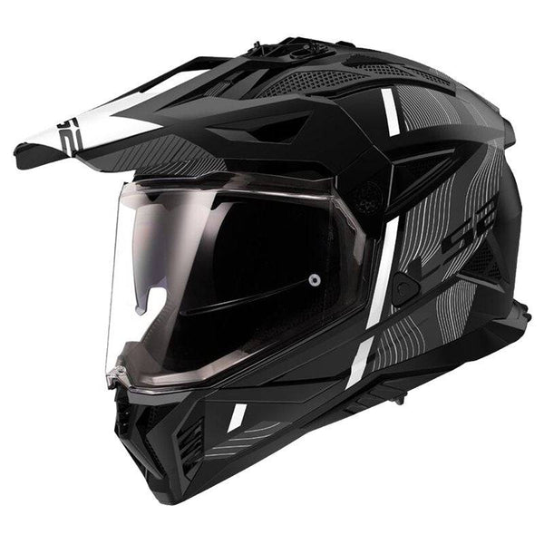 LS2 Adventure Mc-Hjälm Pioneer Namib Svart/Vit med modern design, visir och ventilationssystem. Perfekt för stad och off-road körning.