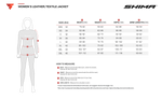 Storleksguide för Shima Dam Textil Mc-Jacka Drift Flu med mått för byst, midja, höfter och ärmlängd i EU-storlekar.