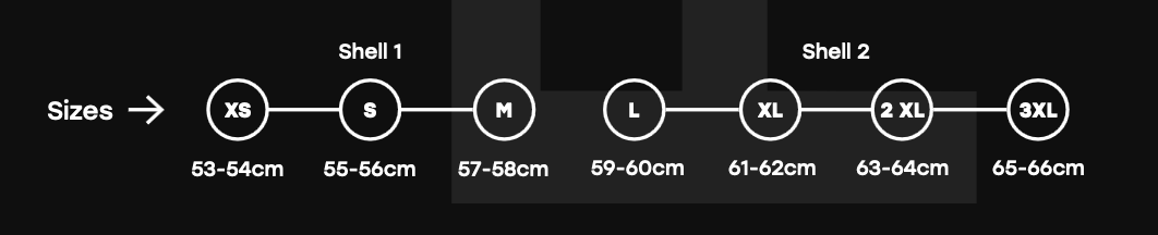 Storleksguide för MT Helmets Integral Mc-Hjälm Thunder 4 SV R25 Svart, från XS till 3XL med huvudmått i centimeter.