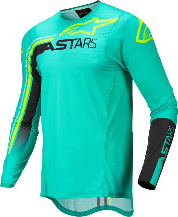 Alpinestars Crosströja Supertech Blaze i turkos med svarta och gula detaljer, designad för motocross och offroad-körning.