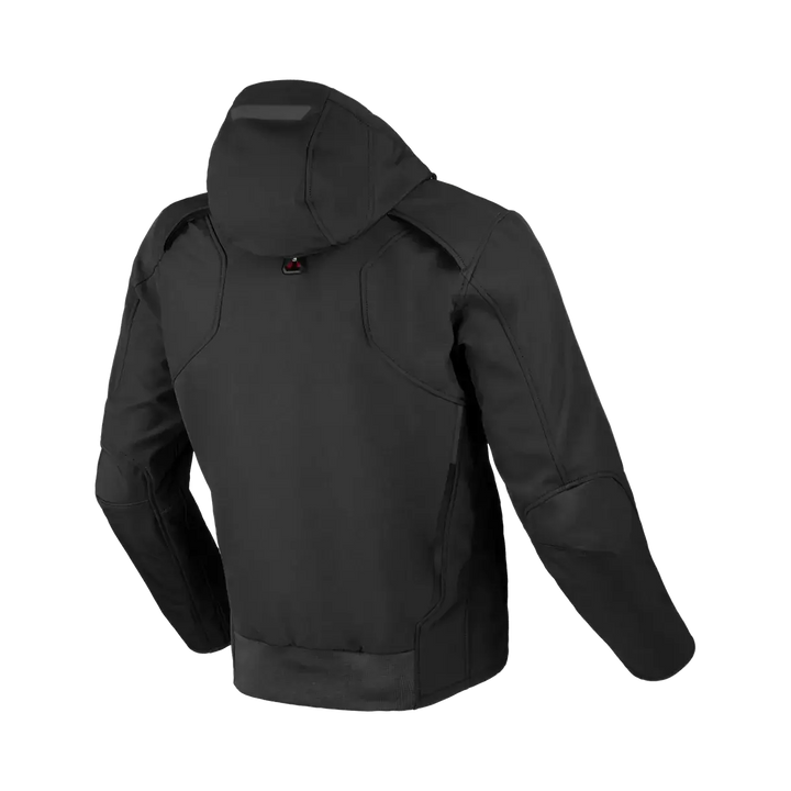 Macna Softshell Mc-Jacka Atracor Svart, baksida med ergonomisk design och huva, tillverkad av slitstarkt softshell-material. Perfekt för motorcyklister.