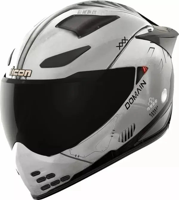 Icon Integral Mc-Hjälm Domain™ Future Proof i silver med svart visir, aerodynamisk design och avancerad ventilation. Köp Icon Mc-Hjälm Domain™ | Specialerbjudande Nu.