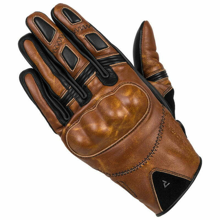 Närbild av Rebelhorn Dam Mc-Handskar Thug II Vintage Brun med ergonomisk design, skyddande knogskydd och stilren vintagefinish.