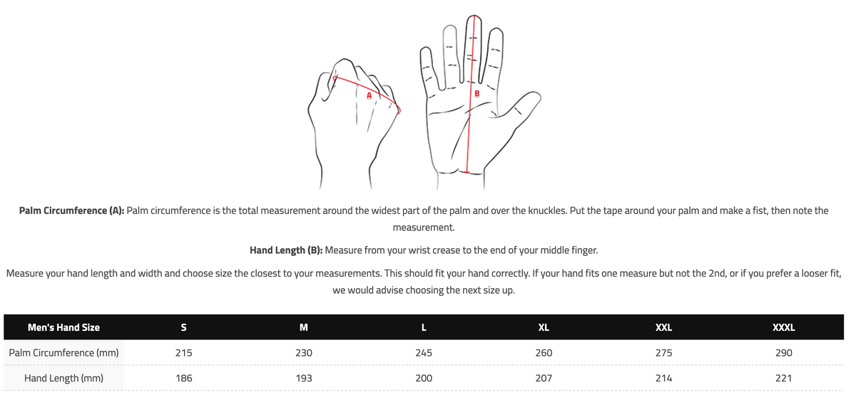 Storlekstabell för Knox Mc-Handskar Orsa MK3 Svart med mått för handomkrets och handlängd i storlekar från S till XXXL.